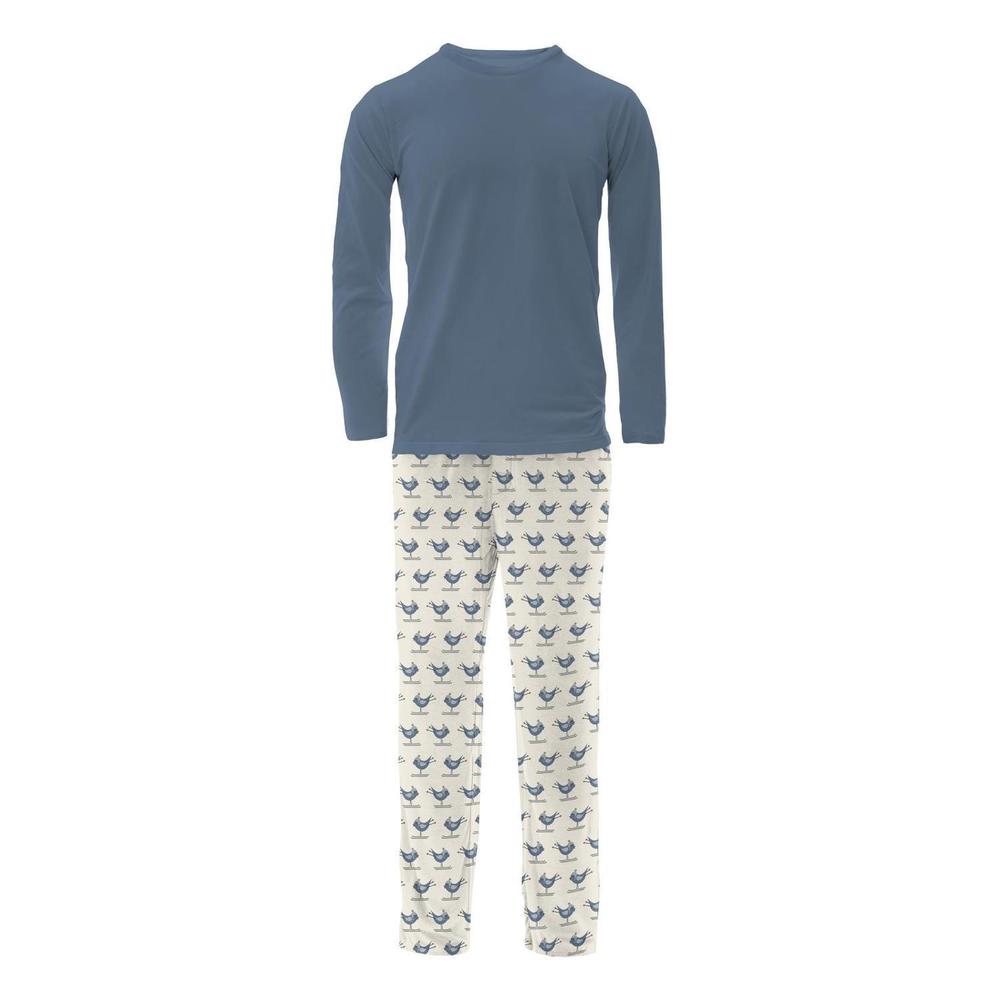 NEW KICKEE men's long sleeve pajama set in natural ski birds
